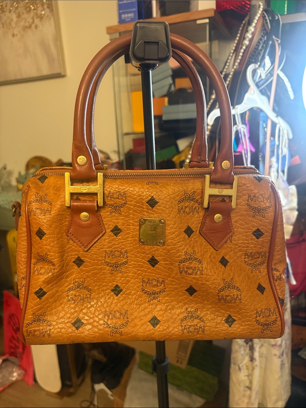 MCM Cognac Brown Visetos Monogram Satchel